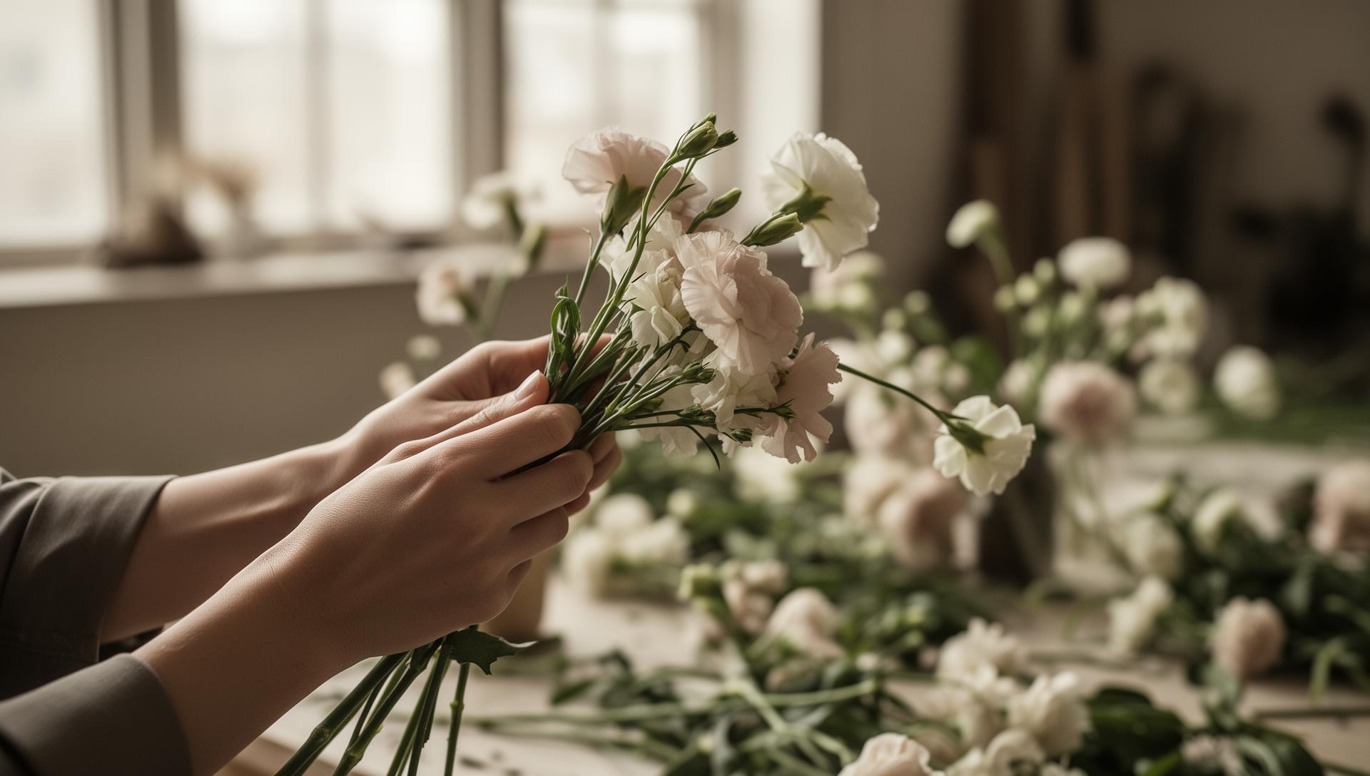 Hands arranging flowers in a natural-light workshop